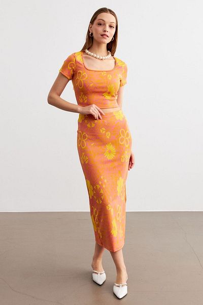MODAGEN Women's Orange Jacquard Fabric Square Neck Crop Maxi Length Skirt Suit