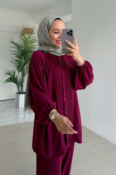 Ka Hijab Sparkling Pleated Detailed Suit - Plum