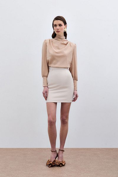 Sateen Draped Patterned Blouse - Camel