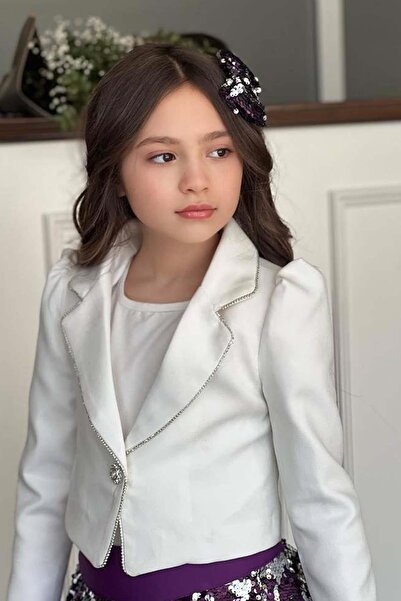 Riccotarz Kız Çocuk Kruvaze Yaka Kenarlar Taş Şerit İşlemeli Ceket Mor Pullu Etekli Takım