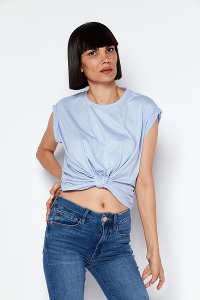 Bcbgeneration Women Round Neck Cap Sleeves Plain Top, Blue