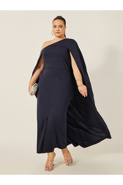 Styli Plain Cape Sleeve Front Slit Maxi Dress