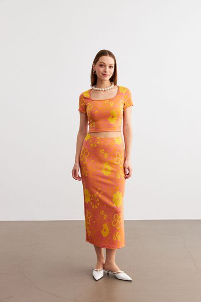 MODAGEN Women's Orange Jacquard Fabric Square Neck Crop Maxi Length Skirt Suit