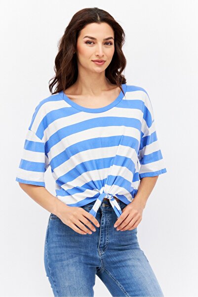 Levi's Women Round Neck Short Sleeve Stripe Top, Sky Blue