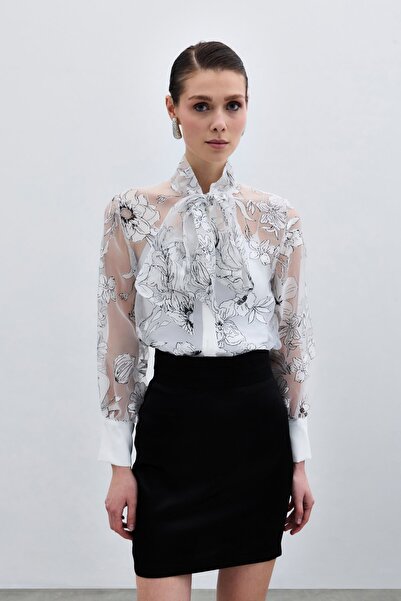 Sateen Çiçek Desenli Gömlek - Ekru