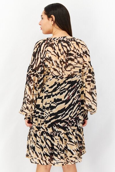 Esprit Women V-Neck Long Sleeve Allover Printed Mini Dress, Brown Combo