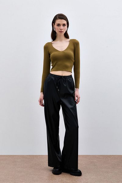 Sateen Tricotaj Crop cu decolteu în V - Verde Mucegai