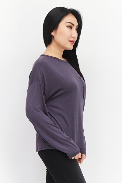 Aqua Women Round Neck Long Sleeve Plain Top, Dark Grey