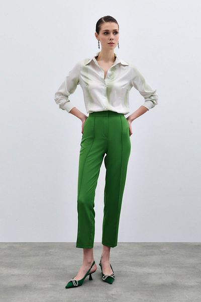 Sateen Ribbed Detailed Classic Trousers - Green