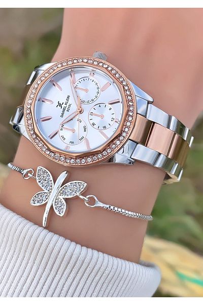 Daniel Klein Brand Rose Silver Color Large Case Women's Watch with Stones - Bracelet Gift