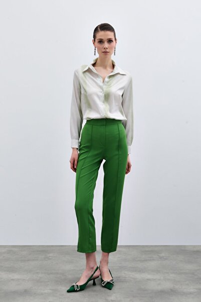 Sateen Nervür Detaylı Klasik Pantolon - Yeşil