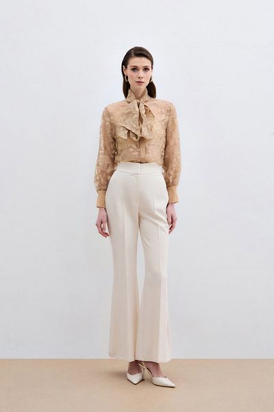 Sateen Floral Patterned Shirt with Scarf - Beige
