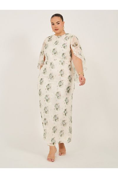 Styli Plus Size Printed Cape Sleeve Maxi Dress