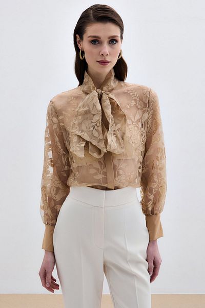 Sateen Floral Patterned Shirt with Scarf - Beige