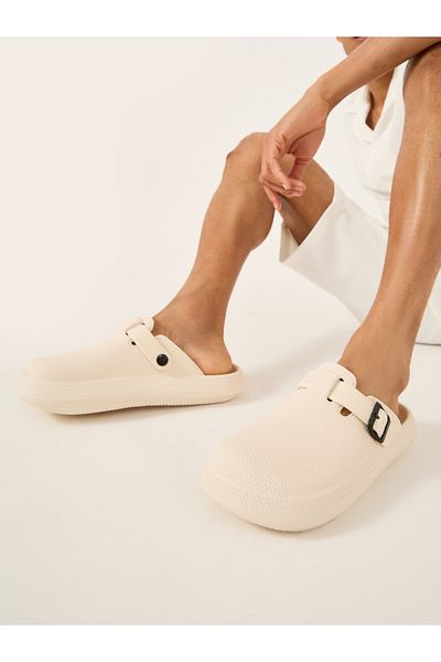 Styli Textured Buckle Embellished Slip On Sandals