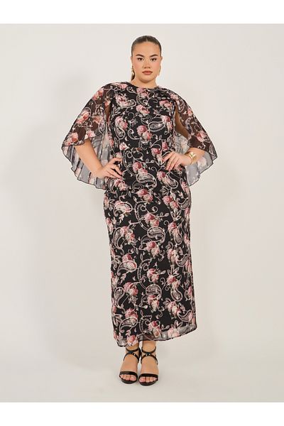 Styli Plus Size Print Cape Sleeve Maxi Dress