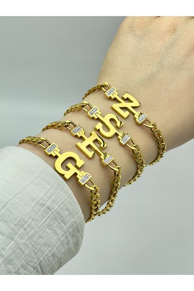ilvesa shop A Letter Gold Gourmet Model Stone Steel Letter Bracelet
