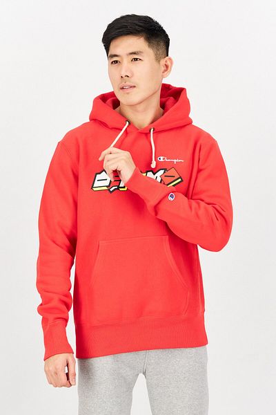 Champion Men Sportswear Fit Hooded Long Sleeve Outdoor Sweatshirts, Red Combo