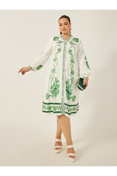 Styli Plus Size Printed Balloon Sleeves A-Line Midi Dress
