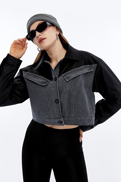 CHOS7N Жіночий оверсайз джинсовий піджак з шкіряними вставками, мотоциклетний...