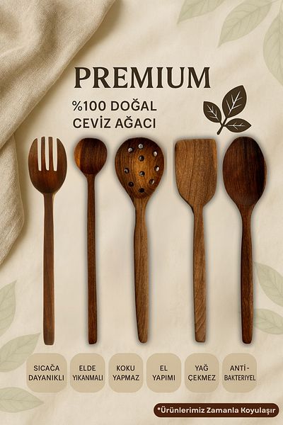 Ülgenev 5 100% Natural Walnut Wood Kitchen Set - 30 cm Spoon Fork, Spatula and Hand Broadcast