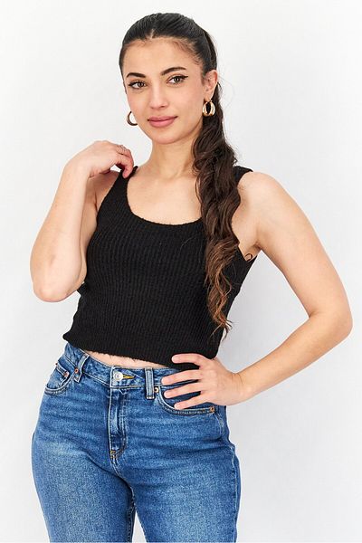 Threadbare بلوزة نسائية قصيرة بدون أكمام ورقبة على شكل حرف U، لون أسود