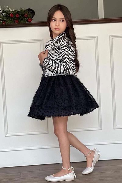 Riccotarz Girl's Crew Neck Combed Cotton Suit - Zebra Patterned Jean Jacket with Black Skirt