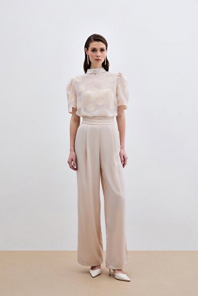 Sateen Organze Kısa Kol Bluz - Bej