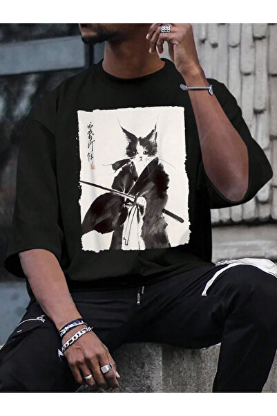 Revasser Unisex Erkek/Kadın Samuray Kedi Renkli Özel Baskılı Oversize Pamuklu...