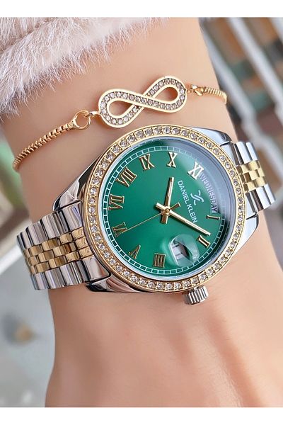 Daniel Klein Brand Yellow Silver Color Large Case Stone Women's Wristwatch - Bracelet