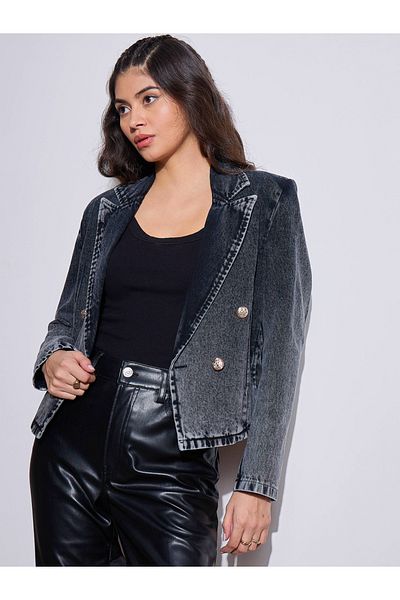 Sassafras By Styli Button Details Notch Collar Denim Crop Blazer