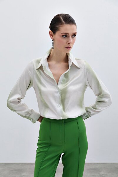 Sateen Desenli Klasik Gömlek - Çağla Yeşili