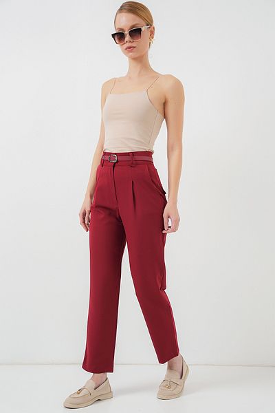 Bigdart Women's Pleated Belted Fabric Trousers 6725 - Red