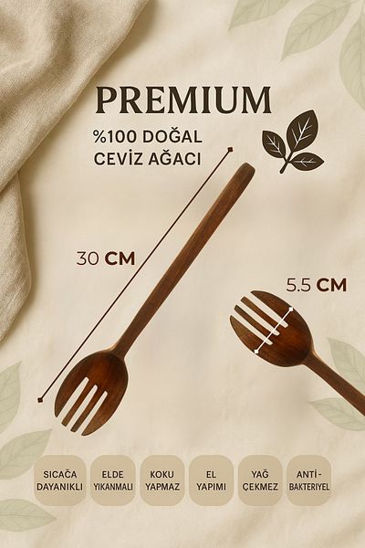 Ülgenev 1 Piece 30 cm Handmade Walnut Wood Kitchen Fork |   100% Natural Wooden Serving Utensils
