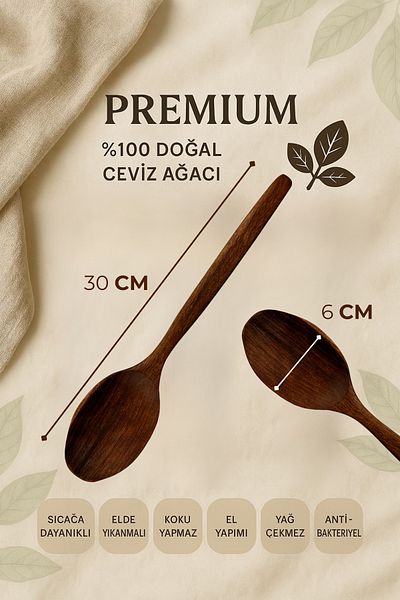 Ülgenev 1 Piece 100% Natural Walnut Wood Handmade Kitchen Spoon |   30cm |   Natural Wooden Rice Spoon