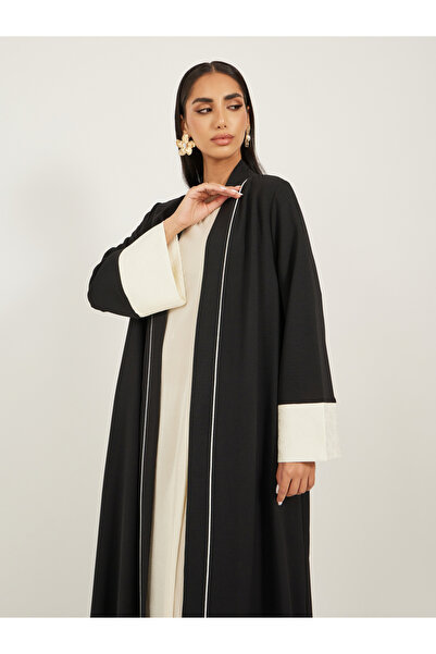Styli Contrast Jacquard Sleeve Cuff Open A-Line Abaya