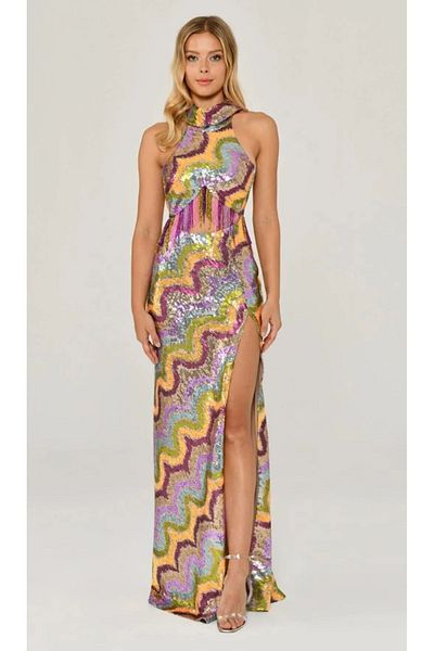 ALFABETA Alfa Beta Halter Neck Deep Slit Sequined Fabric Maxi Size Women's Evening Dress 2246418
