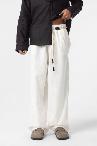 Vamos Detailed Oversize Linen Trousers - Ecru Green