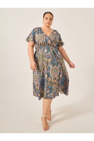 Styli Plus Size All-Over Printed Wrap Look A-Line Midi Dress