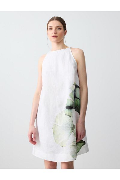 Jimmy Key White Relaxed Cut Halter Neck Floral Patterned Linen Mini Dress