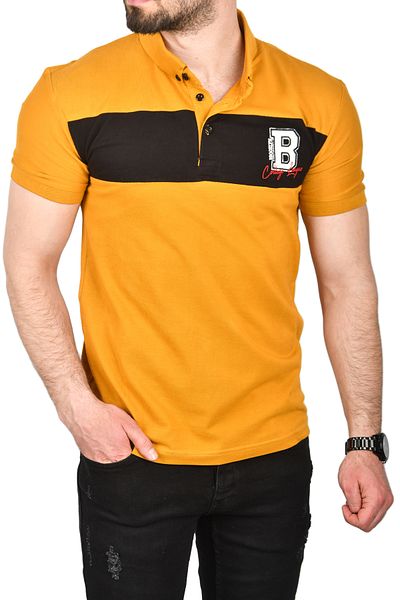 DeepSEA Tricou polo pentru bărbați, galben muștar, slim fit, din bumbac, slim fit, fără ondulare 2503
