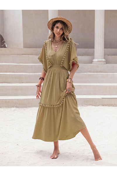 Russty Dustty By Styli Smocked Waist V-Neck Maxi Dress with Tassels Detail