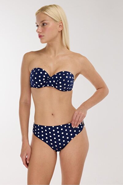 AYYILDIZ 4600 Silver Polka Dot Navy Blue Strapless Bikini Set