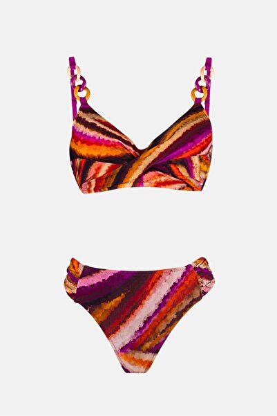 AYYILDIZ 4627 Σετ μπικίνι μωβ με πορτοκαλί σχέδιο εφέ σύσφιξης