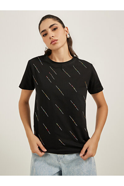 Styli تي شيرت بأكمام قصيرة ورقبة دائرية مزخرف بالترتر