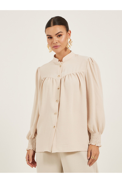 Styli Textured Band Collar Shirt with Smocked Cuffs