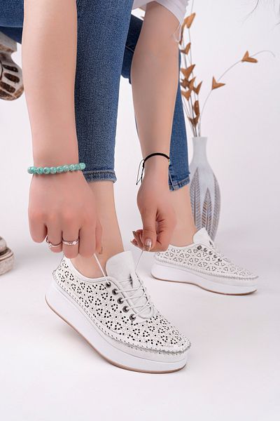 Deripabuc Genuine Leather White Women's Leather Casual Shoes Trc-9902