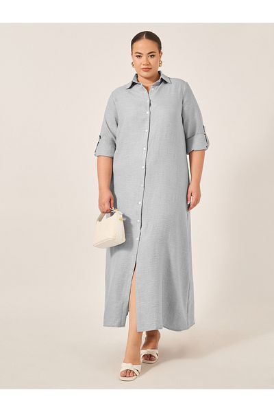 Styli Plus Size Roll-Up Sleeves Shirt Maxi Dress