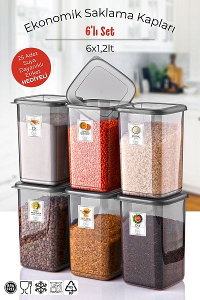 Nandy Home Set of 6 Anthracite Unbreakable Storage Containers 6X1.2 Lt. Economical