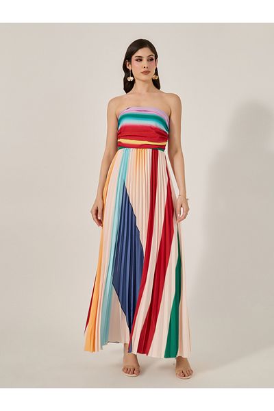 Styli Color Block Pleated Strapless A-Line Maxi Dress